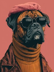 Wall Mural - Boxer dog portrait with high necked sweater, showcasing innovative and fashionable beauty trends from the 1960s