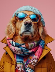 Wall Mural - Golden Retriever dog portrait with high necked sweater, showcasing innovative and fashionable beauty trends