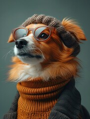 Wall Mural - Shetland Sheepdog portrait with glasses and high necked sweater