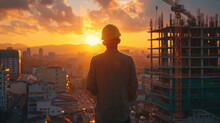 Young Engineer Looking At Condominium Construction Work In The Evening When The Sun Is Setting
