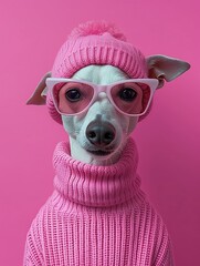 Wall Mural - Whippet dog portrait with glasses and high necked sweater