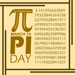 Pi Day event banner. Mathematical symbol Pi with bold text and number formula in frame on light brown background to celebrate on March 14