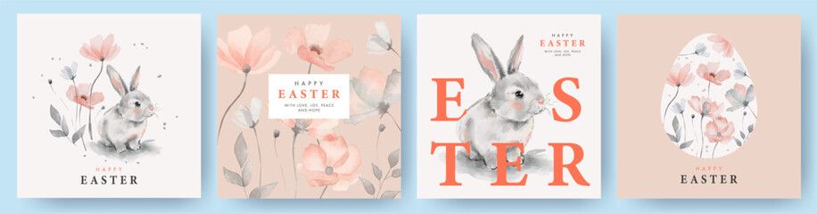 happy easter watercolor cards set with cute easter rabbit, egg and spring flowers in pastel colors i