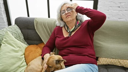 Poster - Tired elderly woman resting on a sofa with a small dog in a cozy living room setting