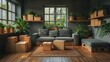 © Evon J - Living room with moving boxes and indoor plants. Home relocation concept.