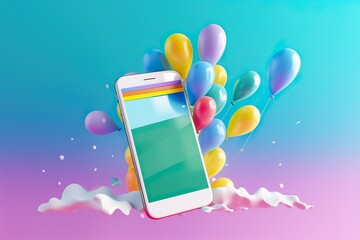 phone 3d illustration rendering modern and trendy mobile world with colorful balloons  and nice colorful background  