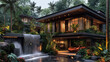 © K.A - An upscale and modern home with waterfalls, green tropical plants and a luxury sports car