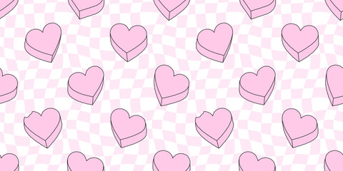 Fototapete - Pink heart candy seamless pattern illustration. Cute love hearts checkered background print. Valentine's day holiday backdrop texture, romantic wedding design. Wavy checker board grid texture.