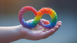 Autism infinity rainbow symbol sign in kid hand. World autism awareness day, autism rights movement, neurodiversity, autistic acceptance movement. generative AI