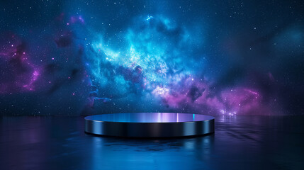 Wall Mural - empty black metalic podium on blue purple star space background for product presentation