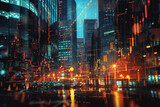 Fototapeta Do pokoju - Financial chart graph shining in the city with business and blurred night scene in the background