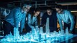 team of four professionals studying a three-dimensional holographic model of a city. urban planning or architectural design