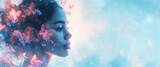 Fototapeta  - Female silhouette with butterflies in her hair on a light blue background with bokeh. Banner with place for text
