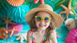 Smiling young girl in a straw hat and yellow sunglasses with a tropical beach party background. Generative AI