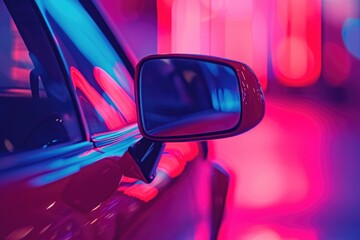 a side view mirror on a red car, in the style of ethereal cloudscapes, sigma 85mm f/1.4 dg hsm art, 