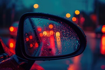 a side view mirror on a red car, in the style of ethereal cloudscapes, sigma 85mm f/1.4 dg hsm art, 