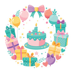 pastel colors frame with free place for text made from lot of birthday little cakes, candles, champagne