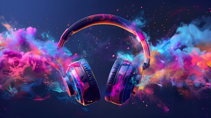 Wall Mural - Headphones over Neon splashing wih vibrant colours, dynamic music blaster 