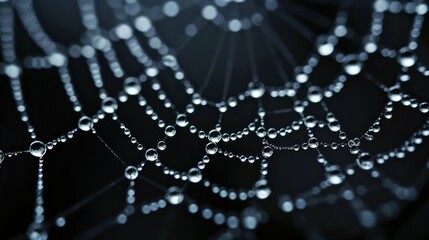 Wall Mural - a close up of a spider web with drops of water on the spider's web, on a black background.