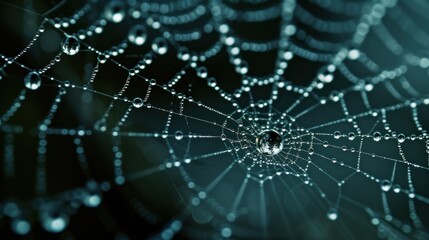 Sticker - a close up of a spider web with drops of water on the spider's web in the center of the web.