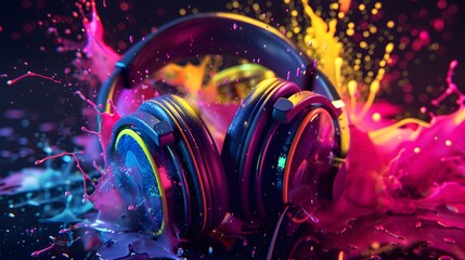 Wall Mural - Headphones over Neon splashing wih vibrant colours, dynamic music blaster 