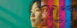 Collage made of portrait of diverse women Asian, Caucasian, African-American, European against multicolored striped background.
