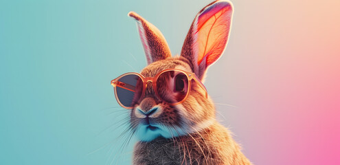 Wall Mural - Cool Bunny: A Stylish Rabbit Wearing Sunglasses Against a Vibrant Turquoise Background