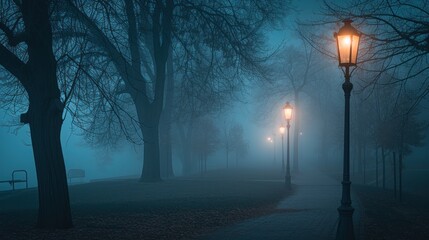Wall Mural - a foggy night in a park with a bench and street lamps foreground and trees background.