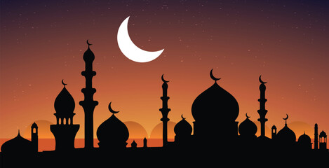 Wall Mural - Ramadhan Islamic festival mosque at sunset vector illustration