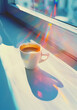 white cup of hot coffee or tea drink by sunny window background, fresh morning beverage