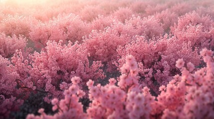 Wall Mural - a forest of the peach trees with blossom in the fall bloom adorning every branch and limb, bird eye view