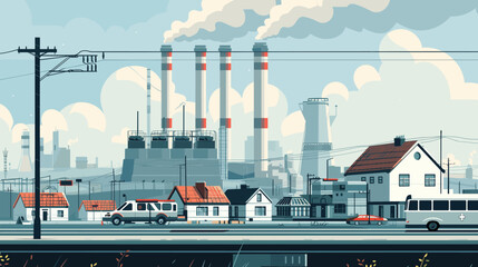 Industrial landscape juxtaposed with a residential area.It features a gas and electric factory with multiple smokestacks emitting vapor or smoke, suggesting industrial activity.