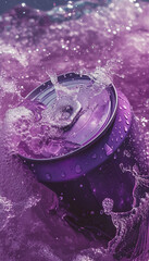 Wall Mural - cold colorful metallic soda can in splashing water and with drops of condensate, fresh drink in liquid, advertising mock-up