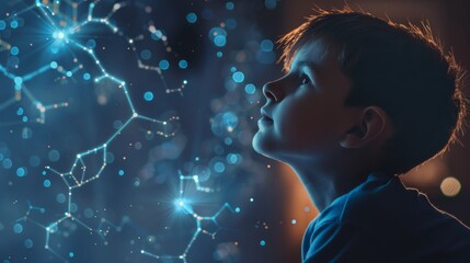 Boy looking at star constellation forming molecular structure