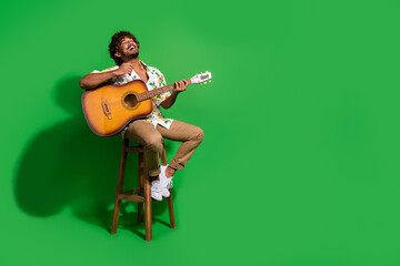 Poster - Full body photo of attractive young man sit chair sing play guitar wear trendy citrus print clothes isolated on green color background