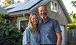 Portrait of a Happy Couple Standing in Front of Home with Solar Panels Promoting Renewable Energy and Sustainable Lifestyle.