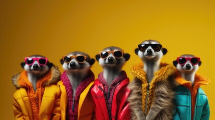 Sticker - Creative animal concept. Meerkat in a group, vibrant bright fashionable outfits isolated on solid background advertisement, copy text space