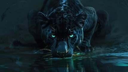 Canvas Print - a digital painting of a black leopard with its head and it's eyes glowing.