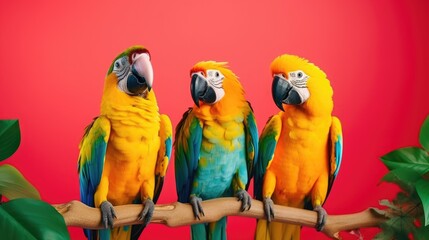 Sticker - Creative animal concept. Parrot bird in a group, vibrant bright fashionable outfits isolated on solid background advertisement, copy space