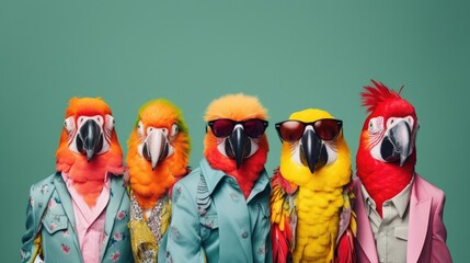 Sticker - Creative animal concept. Parrot bird in a group, vibrant bright fashionable outfits isolated on solid background advertisement, copy space