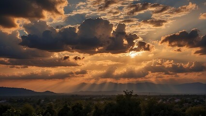 Wall Mural - sun rays through the clouds, sunset, golden hour, blue sky with clouds, clouds in the sky, panoramic view of clouds, cloud background