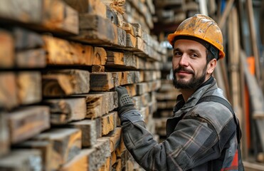 a construction worker is holding a wooden board in a shop