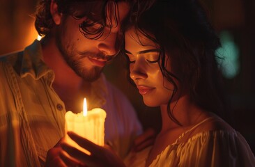 Wall Mural - a handsome couple holding a candle candle
