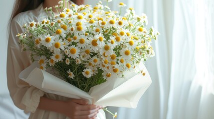 Sticker - a woman holding a bouquet of daisies in front of a white curtain with a woman in the background holding a bouquet of daisies.