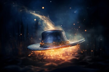 Wall Mural - The magician's top hat mesmerizes the audience with its enchanting magic trick, illuminated by radiant stage lights against a fantastical backdrop. Generative AI.