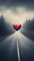 Poster - a red heart sitting on the side of a road in the middle of a forest with snow falling on the ground.