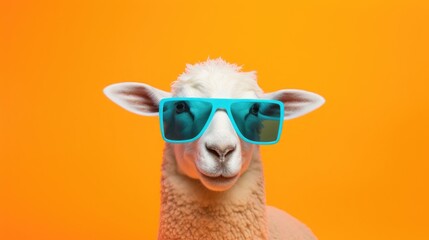 Sticker - Creative animal concept. Sheep lamb in sunglass shade glasses isolated on solid pastel background, commercial, editorial advertisement, surreal surrealism