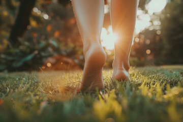 Wall Mural - close up of the bare feet of a person walking on the grass, therapy and reduce stress in living and investing and doing business