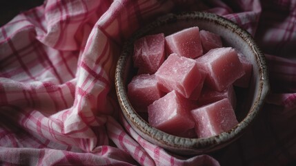 Sticker - a bowl filled with cubes of watermelon on top of a pink and white checkered table cloth.