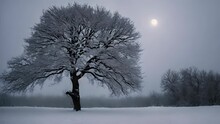 Lone Tree Standing In Snowy Field Under Full Moon